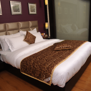 Brown Leafs Pattern Bed Runners With 2 Cushion Cover Set for Hospitality & Home Use