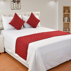 Red Bed Runner Diamond Pattern With 2 Cushion Cover for Hospitality & Home Use