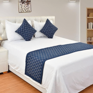 Navyblue Bed Runner Diamond Pattern With 2 Cushion Cover for Hospitality & Home Use